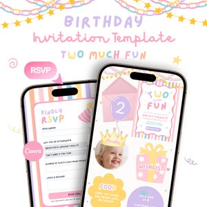 Pode incluir: Dois smartphones exibindo um modelo de convite de aniversário digital com listras pastéis, estrelas e correntes. As telas mostram texto incluindo BIRTHDAY INVITATION TEMPLATE, TWO MUCH FUN, KINDLY RSVP e WISHLIST, além de gráficos de uma coroa, balão e presente.