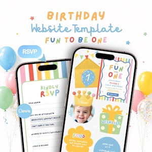 Digital Fun to Be One Birthday Invitation Template, 1st Bday Invite with RSVP and Wishlist, Editable Canva Colorful Party Boy Girl Website