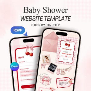 Pode incluir: Modelo de site para chá de bebê exibido em dois smartphones. O design apresenta um esquema de cores rosa e branco com detalhes de cerejas e laços. O texto diz "Baby Shower WEBSITE TEMPLATE" e "Cherry on Top".