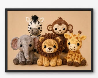 かぎ針編みのサファリ動物の子供部屋用ウォールアートプリント、森の動物の子供部屋用ポスター、ジャングルの装飾、あみぐるみ動物