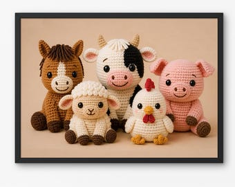 かぎ針編みの農場動物の子供部屋用ウォールアートプリント、森の動物の子供部屋用ポスター、農場の装飾、あみぐるみ動物