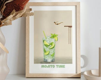 Lámina artística "Mojito Diver" - Divertida ilustración de cóctel, póster vintage de cóctel, decoración de pared, regalo para amantes de las bebidas.
