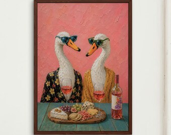 Anka, dadlar, vin och ost, väggkonsttryck, retro djurposter, matrumsköksinredning
