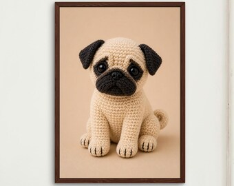 Crochet Pug Dog Wall Art Print, Cottagecore Decor, Pug Nursery Poster, Amigurumi Animal Artwork