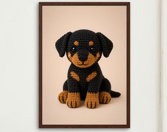 Crochet Rottweiler Dog Wall Art Print, Cottagecore Decor, Rottweiler Nursery Poster, Amigurumi Animal Artwork