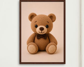 Stampa artistica da parete per cameretta con orsetto all'uncinetto, poster a tema bosco, decorazione per neonati, giocattolo amigurumi