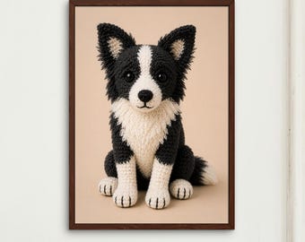 Virkad Border Collie hund väggkonsttryck, Cottagecore dekor, hund barnrumsaffisch, amigurumi djur