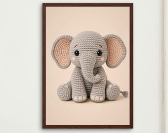 Lámina decorativa de elefante de ganchillo para habitación infantil, póster infantil con temática de bosque, decoración para habitación de bebé, animal amigurumi