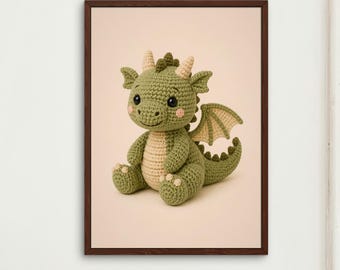 Lámina decorativa de dragón de ganchillo para habitación infantil, póster infantil con temática de bosque, decoración para habitación de bebé, animal amigurumi