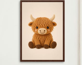 Lámina decorativa de ganchillo con diseño de vaca de las Tierras Altas para habitación infantil, póster de bosque para habitación infantil, decoración para bebés, animal amigurumi