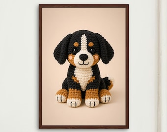 Crochet Bernese Mountain Dog Wall Art Print, Cottagecore Decor, Dog Nursery Poster, Amigurumi Animal