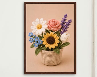 かぎ針編みの花のベビー用ウォールアートプリント、森の植物のベビー用ポスター、ベビーデコレーション、あみぐるみの花
