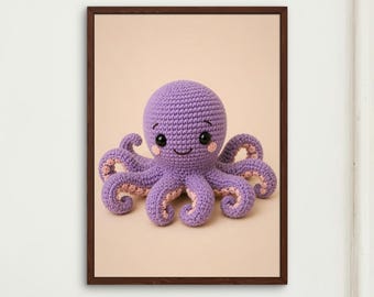 Crochet Octopus Nursery Wall Art Print, Ocean Nursery Poster, Baby Room Decor, Amigurumi Animal