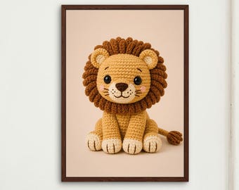Lámina decorativa de león de ganchillo para habitación infantil, póster de safari para habitación infantil, decoración de la jungla, animal amigurumi