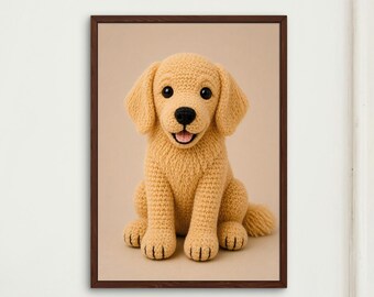 Crochet Golden Retriever Dog Wall Art Print, Cottagecore Decor, Dog Nursery Poster, Amigurumi Animal