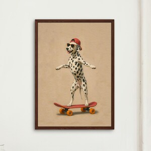May include: A framed print shows a Dalmatian dog wearing sunglasses and a red cap, skateboarding on a red board with orange wheels. The dog has black spots on a white coat. The background is a tan colour.
