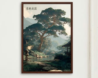 Vintage japansk väggkonst, japansk landskapsaffisch, tryck av Kyoto-templet, majestätisk naturheminredning