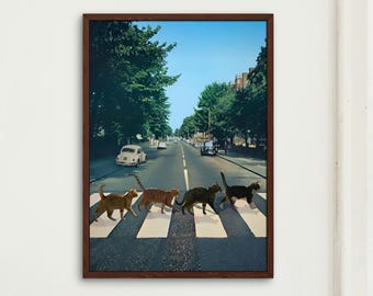 Abbey Road Cats Wall Art, Funny Animal Poster, Vintage Beatles Print, Whimsical Retro Decor