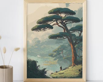 Arte mural japonés, póster de paisaje Japandi, lámina de naturaleza japonesa, obra de arte minimalista, decoración del hogar.