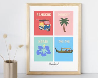 Impresión artística de viaje a Tailandia: obra de arte retro de Bangkok, póster de viaje, decoración de pared para el hogar, regalo de viaje