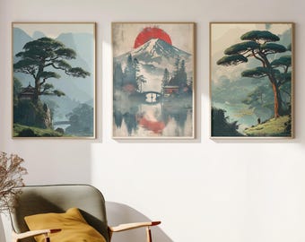 Juego de 3 pósteres de paisajes japoneses, arte mural asiático japonés, decoración vintage de la naturaleza japonesa.