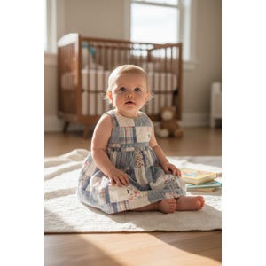Peut inclure: Un bébé porte une robe patchwork aux motifs bleus, blancs et roses, assis sur un tapis blanc. Un lit bébé en bois et un ours en peluche sont en arrière-plan. La robe est sans manches.