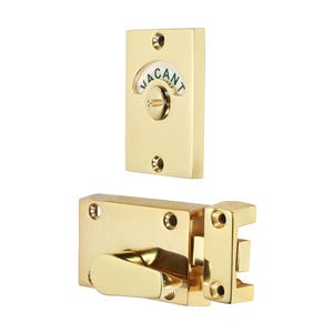 May include: A polished brass restroom door lock set. The set includes a rectangular plate with a rotating indicator reading "VACANT" and a separate latch mechanism. The hardware is designed for easy installation and use.