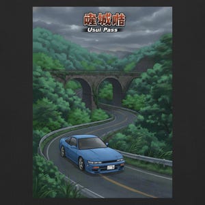 Op de afbeelding: Een blauwe sportwagen rijdt over een kronkelende weg door een groene bergpas. De afbeelding toont een stenen brug en de tekst "Usui Pass" in Japanse karakters.