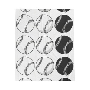 May include: A white fabric featuring a repeating pattern of baseballs. The design consists of rows of baseballs, alternating between white baseballs with black stitching and solid black baseballs with white stitching, arranged in a grid-like layout.