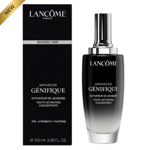 May include: A black and silver Lanc&ocirc;me Advanced G&eacute;nifique Youth Activating Concentrate bottle and box set. The box reads "Nouveau/New" and "e 100 ml 3.38 FL. OZ.". The bottle has a silver pump and a gradient effect.