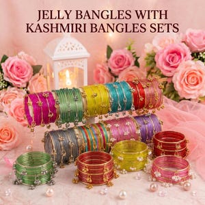 May include: Colorful jelly bangles with Kashmiri bangle sets. The image displays stacks of bangles in various colors, including pink, green, yellow, and red. Each bangle set is adorned with small, dangling embellishments. The text at the top reads "JELLY BANGLES WITH KASHMIRI BANGLES SETS."