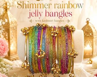 16pc Shimmer Rainbow Jelly Bangle Set, 12 Glitter Chooriyan with 4 Kashmiri Ghungroo Bell Bangles, Indian Pakistani Eid Jewelry, Traditional