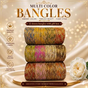 May include: Stacked display of colorful bangles. The image features three stacks of bangles in various colors, including gold, red, yellow, and pink. The text reads "Multi Color Bangles" and "12 dozen bangles with gift box". The bangles have a sparkling finish.