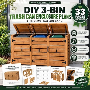 Puede incluir: Un cerramiento de madera para tres contenedores de basura con tapas abatibles y puertas frontales, para cubos de 64/96 galones. La imagen muestra el texto: DIY 3-BIN TRASH CAN ENCLOSURE PLANS, 33 PAGES INCLUDED, con guías y diagramas.