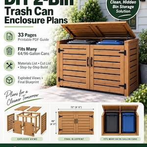 Puede incluir: Planos de construcción DIY para un cobertizo de basura doble, que incluye una guía PDF imprimible de 33 páginas con lista de materiales, lista de corte, instrucciones paso a paso, vistas explosionadas y planos finales. Mide 183 cm por 122 cm.