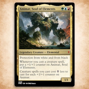 May include: A trading card titled Animar, Soul of Elements featuring a large, antlered, tree-like creature standing in a landscape with waterfalls and mountains. The card text includes game rules, mana symbols, and a power and toughness of 1/1.