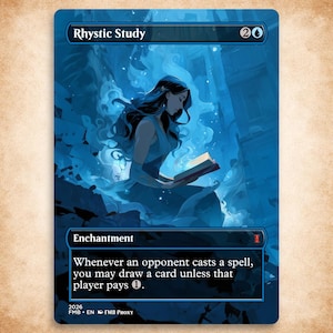 May include: A rectangular trading card titled Rhystic Study featuring a blue-toned illustration of a figure reading a glowing book amidst swirling magical energy. The card text includes the enchantment type and rules for drawing cards.