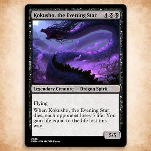 May include: A trading card titled Kokusho, the Evening Star, featuring a long, dark purple dragon spirit winding through a misty, dark landscape. The card text includes the creature type, abilities, and power and toughness stats of 5/5.