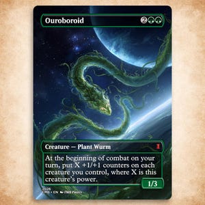 May include: A trading card titled Ouroboroid featuring a green, vine-like plant wurm creature floating in space against a backdrop of a blue planet and stars. The card text includes the creature type, power and toughness 1/3, and game rules.
