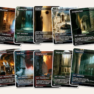May include: Ten Magic: The Gathering trading cards arranged in two rows. The cards feature full-art illustrations of various landscapes including Blood Crypt, Breeding Pool, Godless Shrine, Hallowed Fountain, Overgrown Tomb, Sacred Foundry, Steam Vents, Stomping Ground, Temple Garden, and Watery Grave.