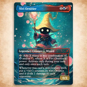 May include: A collectible trading card titled Vivi Ornitier, a legendary creature wizard. The artwork depicts a small, dark-faced figure in a yellow pointed hat holding a glowing staff, surrounded by pink bubbles against a blue and red background.
