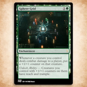 May include: A green-bordered trading card titled Sphere Grid, featuring an illustration of a glowing central processor on a dark circuit board with colorful light nodes. The card text describes an enchantment that grants +1/+1 counters, reach, and trample.