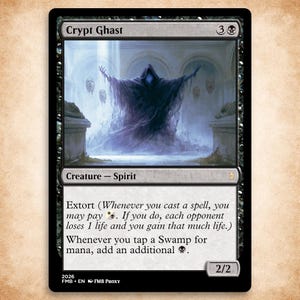 May include: A Magic: The Gathering trading card titled Crypt Ghast, featuring a dark, hooded spirit figure with glowing blue eyes in a stone hall. The card text includes the Extort ability and mana production rules, with a power and toughness of 2/2.