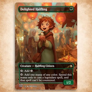 May include: A trading card titled Delighted Halfling featuring a curly-haired character holding a small bird amidst glowing orange lanterns. The card text includes Creature - Halfling Citizen, mana abilities, and a power and toughness of 1/2.