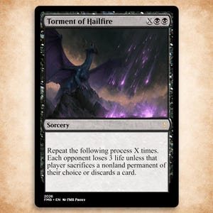 May include: A black-bordered trading card titled Torment of Hailfire. The artwork depicts a dark blue dragon perched on a rocky cliff overlooking a landscape struck by purple magical energy. The card text describes a sorcery spell effect.