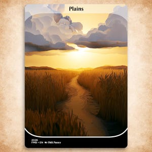 May include: A rectangular game card titled Plains featuring a landscape illustration of a golden wheat field under a sunset sky with large clouds. A narrow dirt path winds through the center of the field. The bottom edge displays text 2026 FMB EN FMB Proxy.
