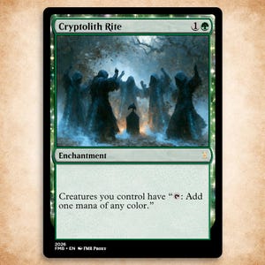 May include: A Magic: The Gathering trading card titled Cryptolith Rite. The card features an illustration of five hooded figures in dark robes standing in a misty forest around a central stone monument. The text reads: Creatures you control have tap: Add one mana of any color.