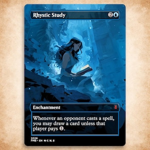 May include: A rectangular trading card titled Rhystic Study featuring a blue-toned illustration of a person reading a glowing book amidst ruins. The card text reads: Whenever an opponent casts a spell, you may draw a card unless that player pays 1.
