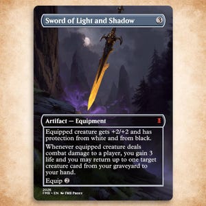 May include: A Magic: The Gathering card titled "Sword of Light and Shadow." The card features a detailed illustration of a glowing golden sword against a dark, fantasy landscape with text describing its abilities. The card is an artifact-equipment.