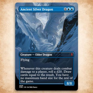 May include: A rectangular trading card titled Ancient Silver Dragon featuring a white dragon flying between snowy mountain peaks. The card text includes Creature - Elder Dragon, Flying, and a rule box describing combat damage effects and hand size.